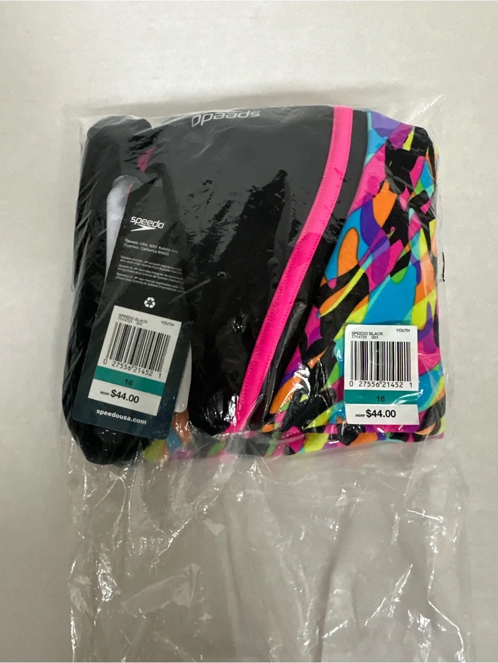 Speedo Black One-Piece with Bright Multi-Color Abstract Front